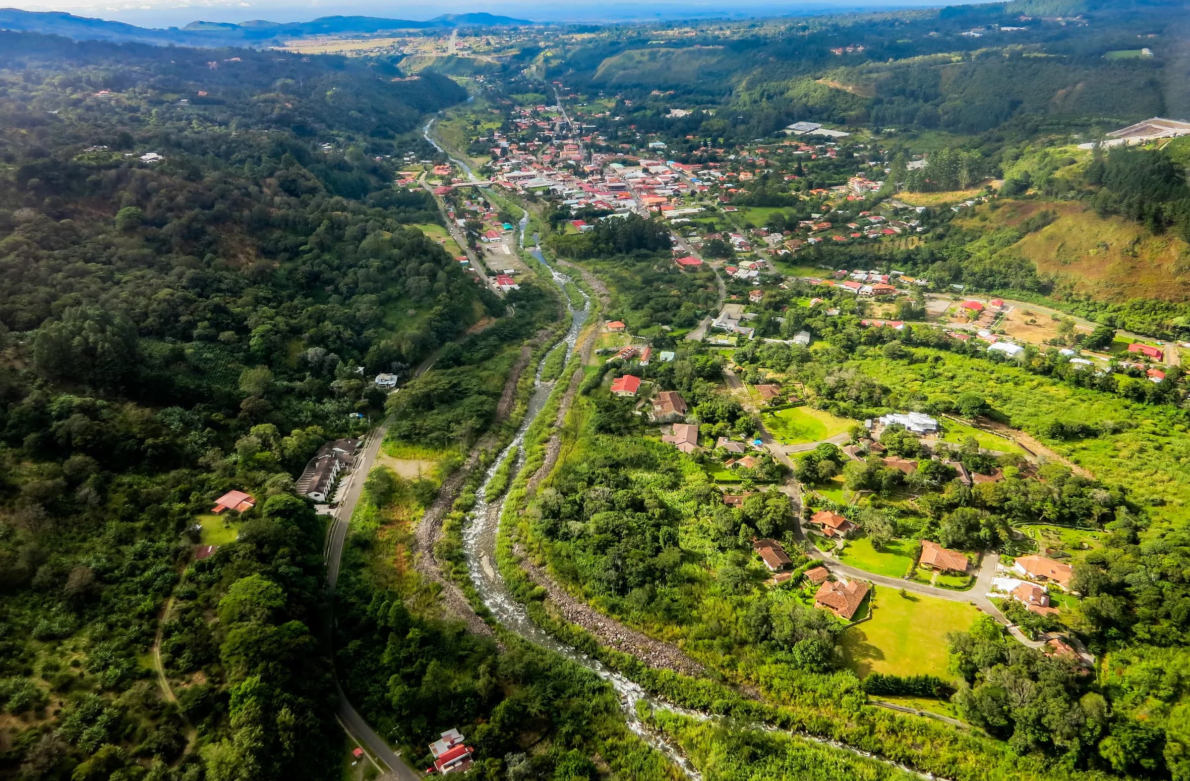 Aerial view of Boquete, Panama, with the town spread along the green Río Caldera valley
