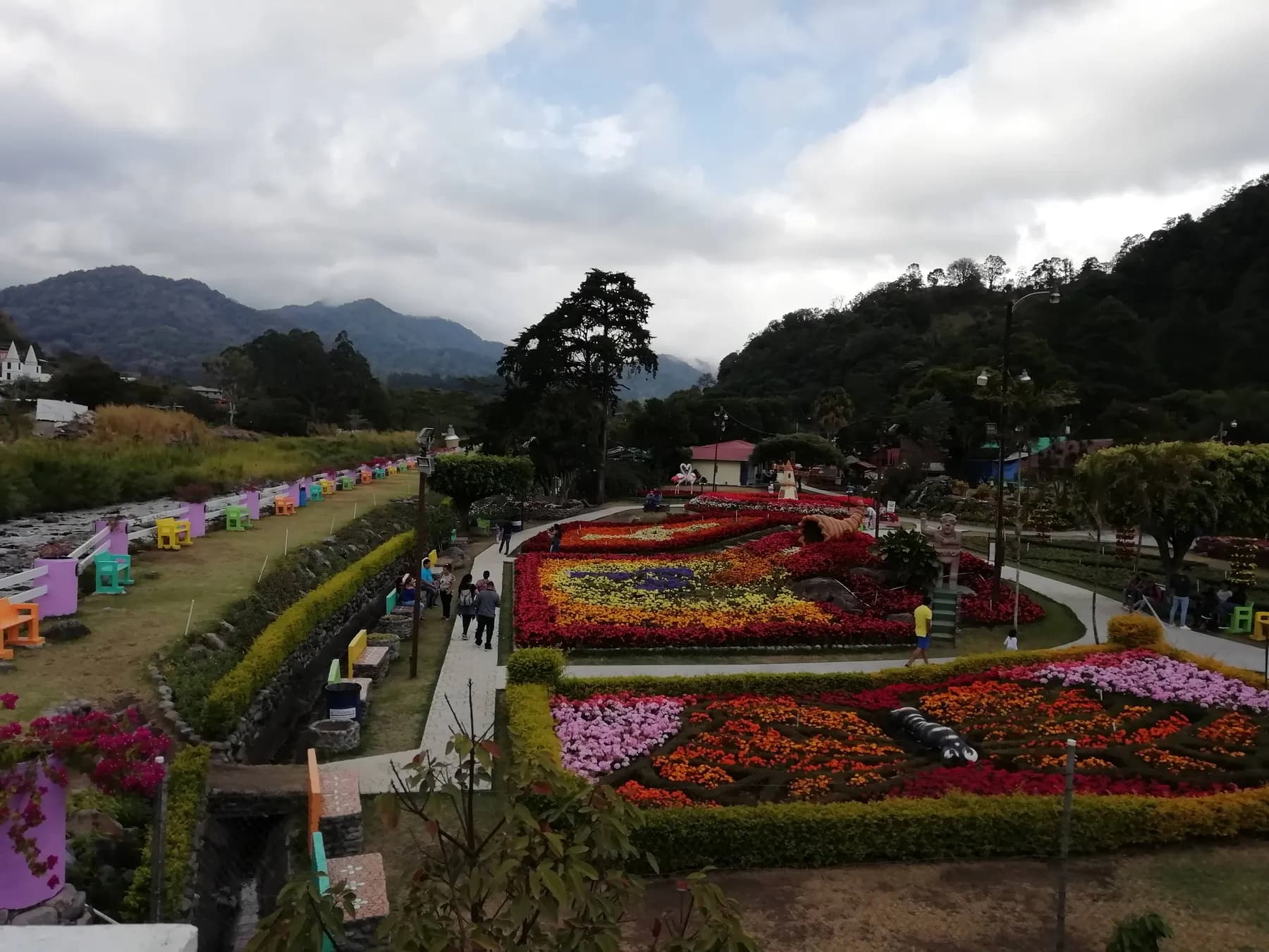 Flower gardens at the Boquete Flower and Coffee Fair, seen from the entrance bridge