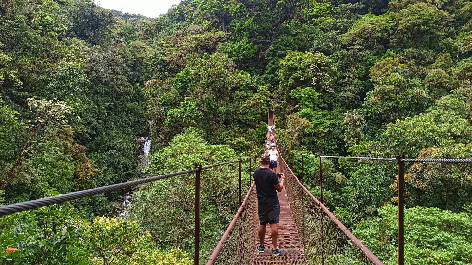 A visitor on a hanging bridge with a waterfall dropping through the forest ahead