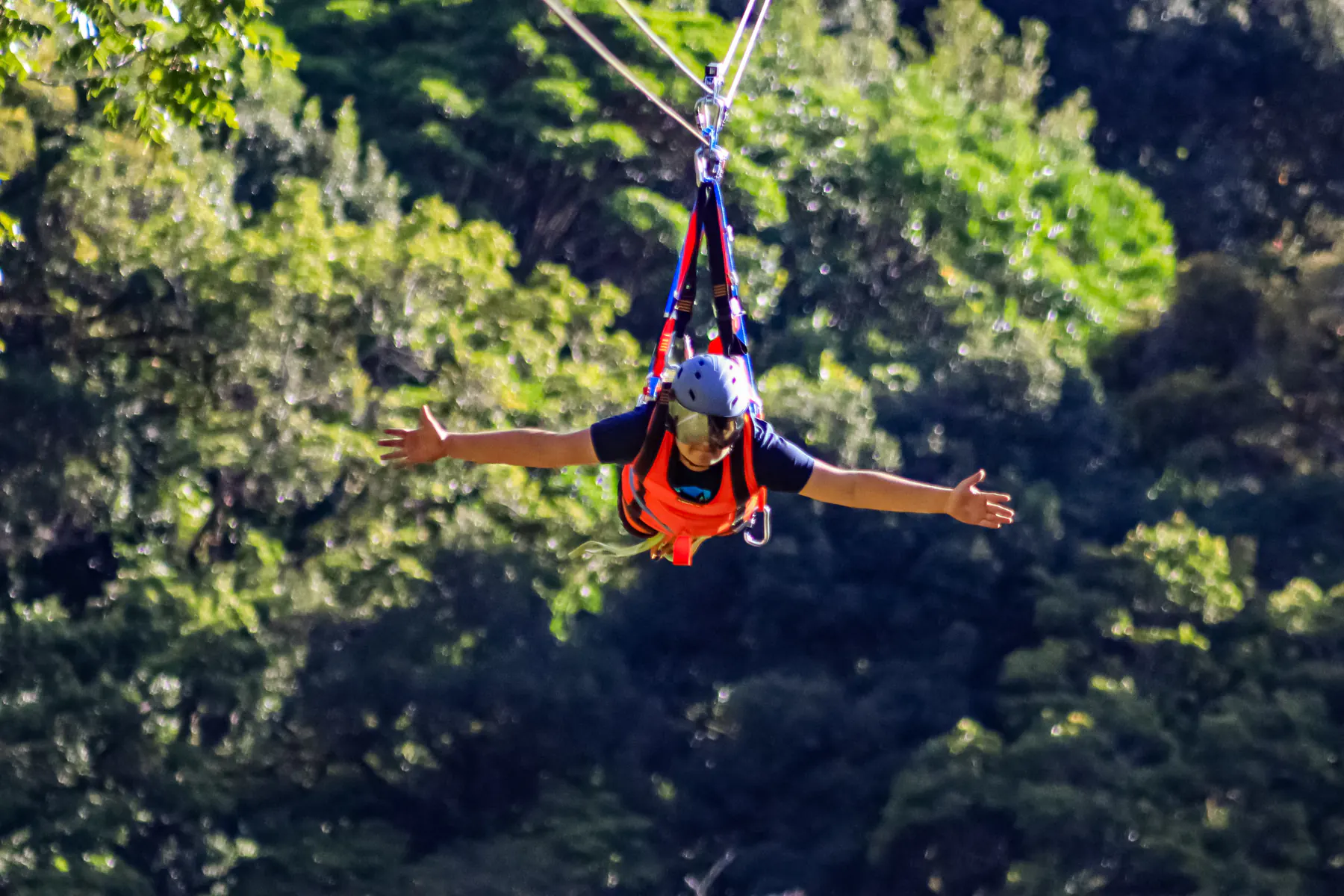 A Superman zipline rider with arms spread wide, flying horizontally over the treetops